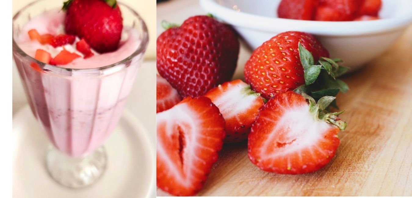 Strawberry Milkshake topped with Vanilla Icecream and fresh strawberries